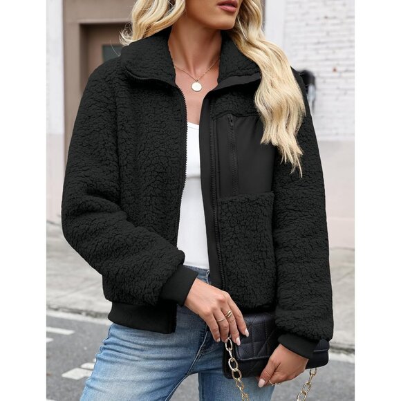 Women's Sherpa Fleece Jacket Casual Warm Faux Shearling Zip Coat Medium - Picture 2 of 6